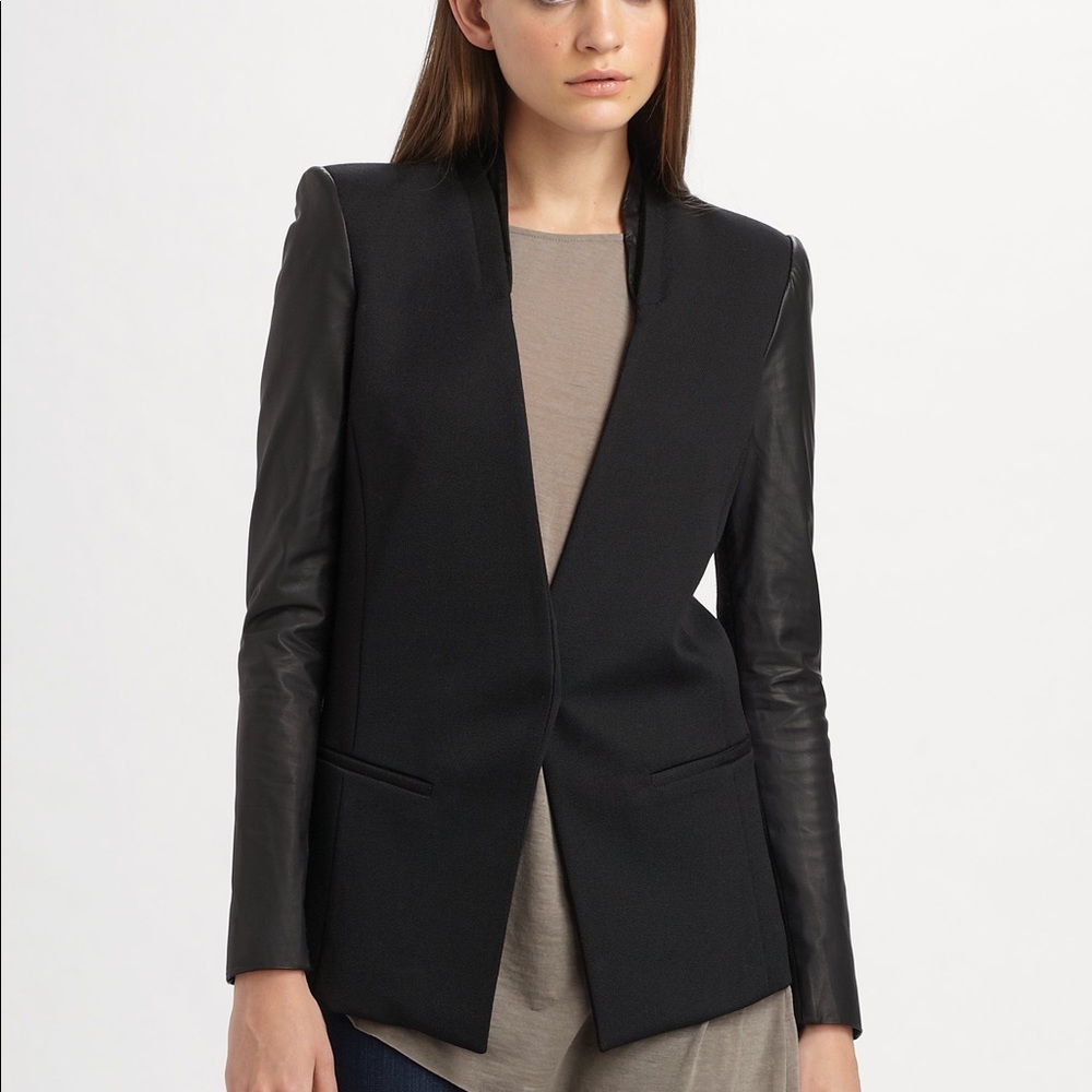 Helmut Lang Wool Blk Blazer w/ Leather Sleeves sz 4